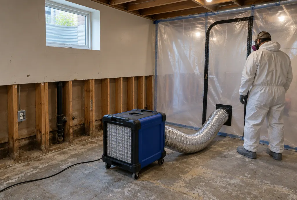 Containment and HEPA air scrubber set up for mold removal in a Denver finished basement