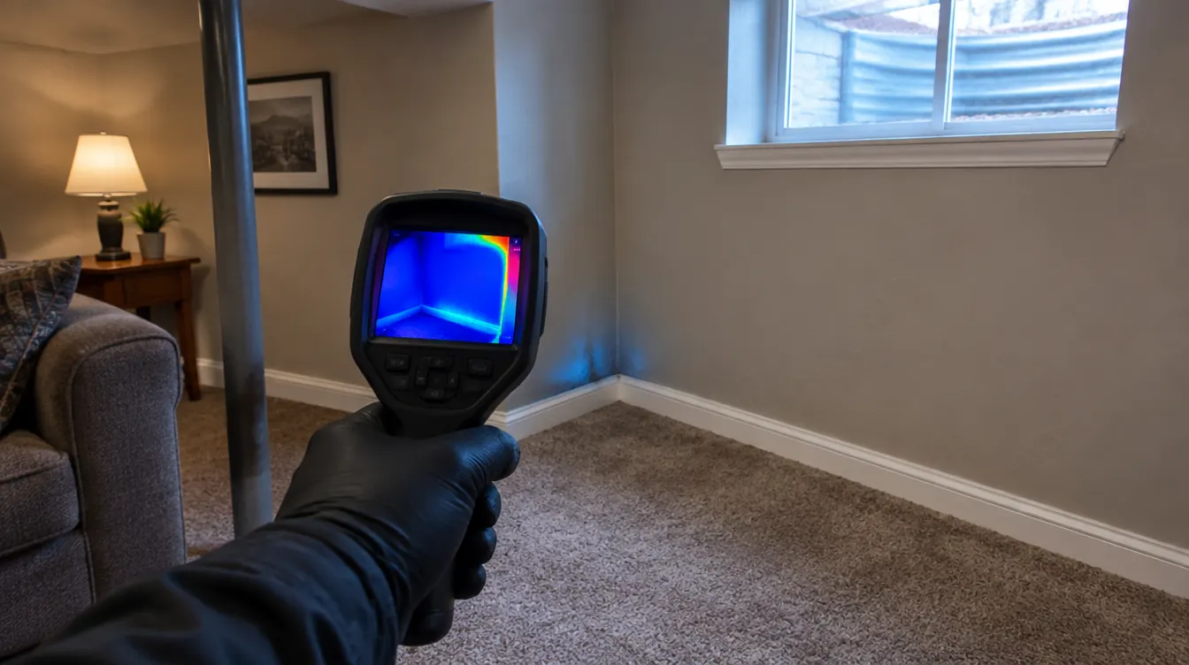 Thermal camera scan of a finished basement wall during a mold inspection in Denver