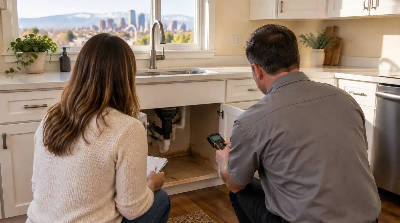 Homeowner talking with an independent mold inspector during a Denver kitchen assessment