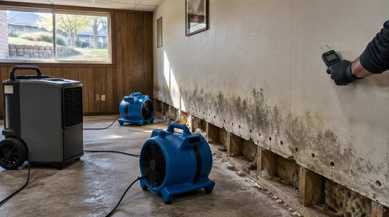 Dehumidifier and air movers drying a Denver split-level lower level during mold mitigation