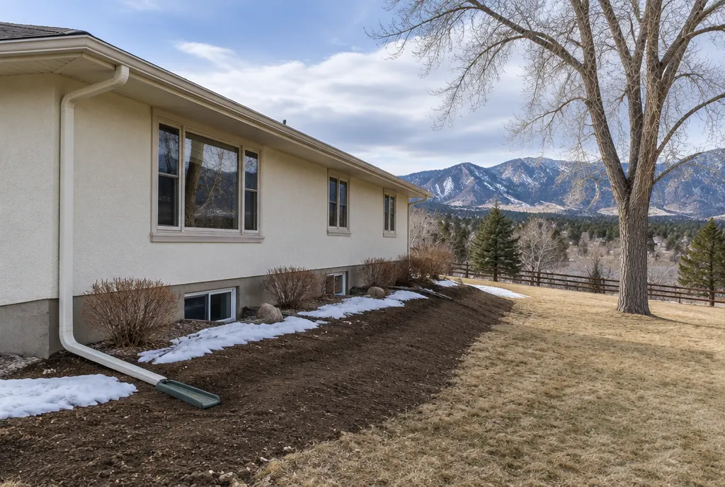 Snowmelt drainage at the foundation of a cream stucco home near Denver, part of basement mold mitigation