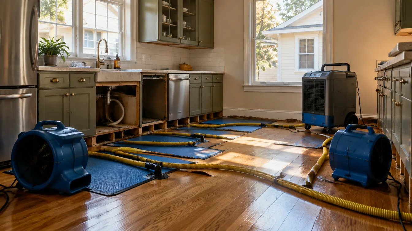 Hardwood floor drying system during water damage remediation in a Denver kitchen