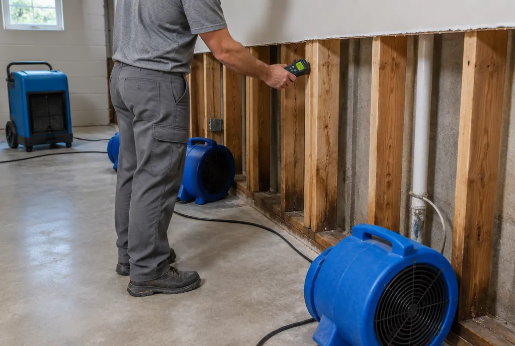 Moisture reading on exposed framing after a flood cut during Denver water damage restoration