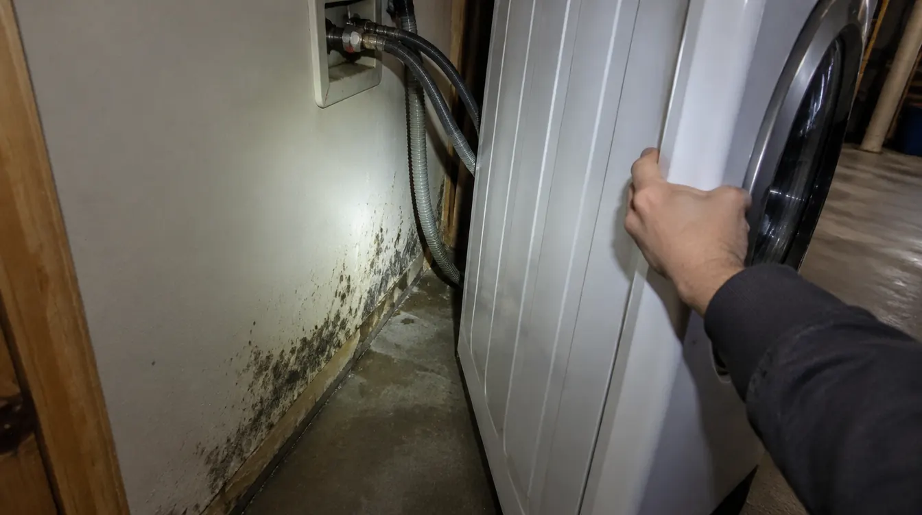 Homeowner finding mold behind a washing machine in a Denver basement laundry area